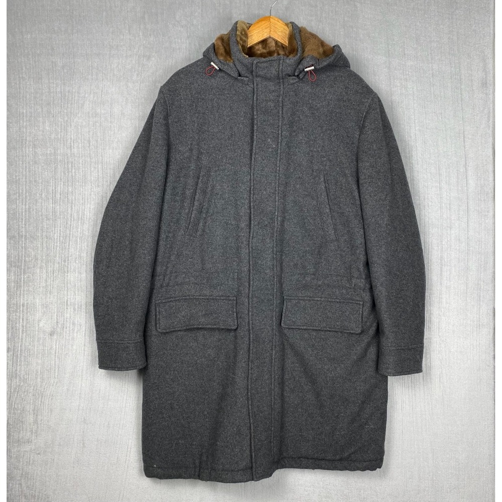 Brunello Cucinelli Coat Mens 50 Cashmere Genuine Fur Lined Hooded Charcoal Gray